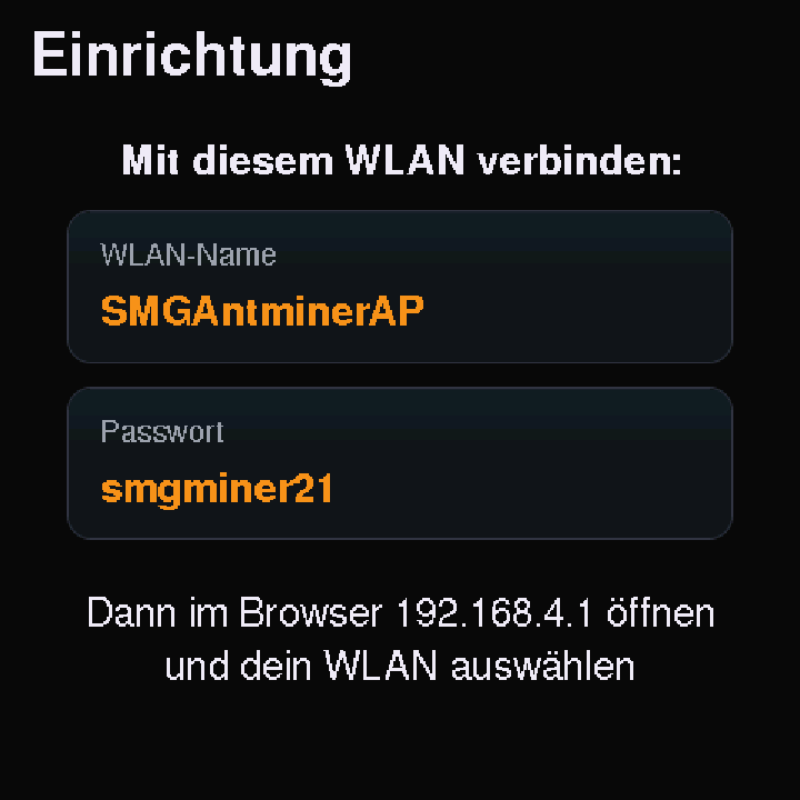 Display zeigt die Einrichtung mit WLAN-Name und Passwort
